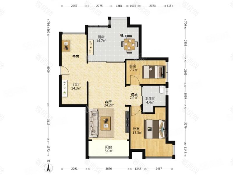 深业新岸线3室2厅1卫97.69㎡南北838万