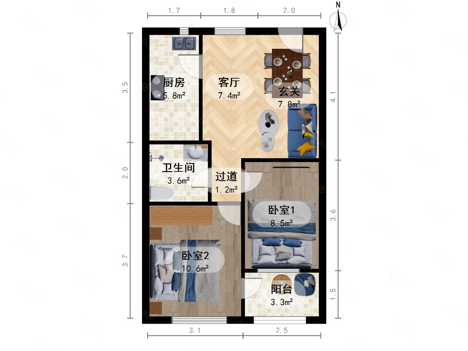 青浦卓越世纪中心2室1厅1卫72.26㎡南北122万