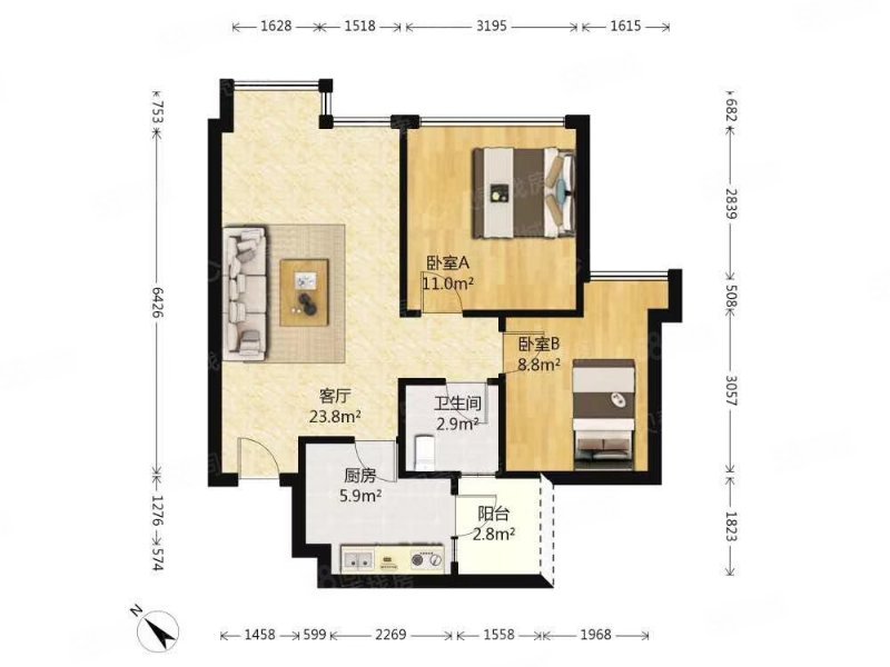 交大归谷建设派2室2厅1卫60.44㎡东北140.9万