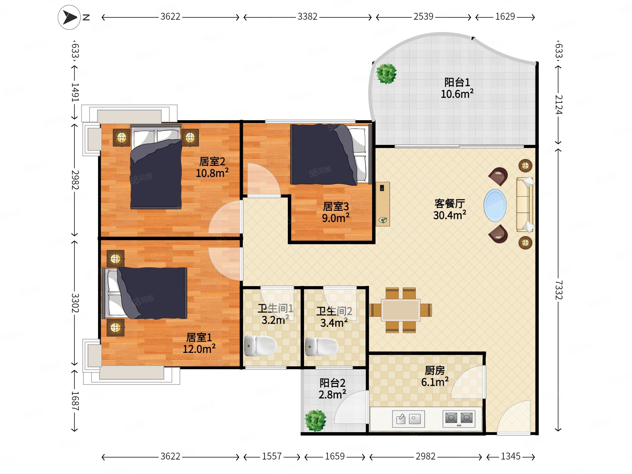 单价3万石芽岭地铁口花园社区大三房两卫换房急售
