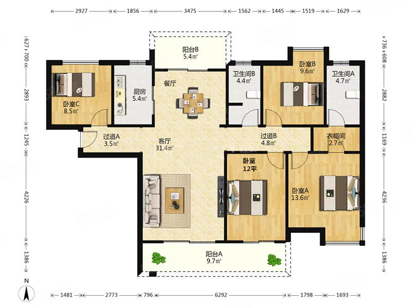 IOI棕榈城(D4地块公寓住宅)4室2厅2卫132.37㎡南北560万