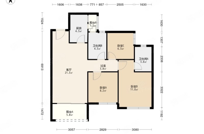 四川成都温江光华大道金科天宸(A区)东北方向3室2厅2卫88.76㎡总价138万