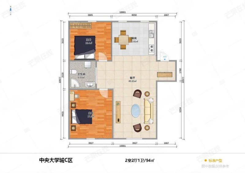 中央大学城2室2厅1卫93.65㎡南北56万