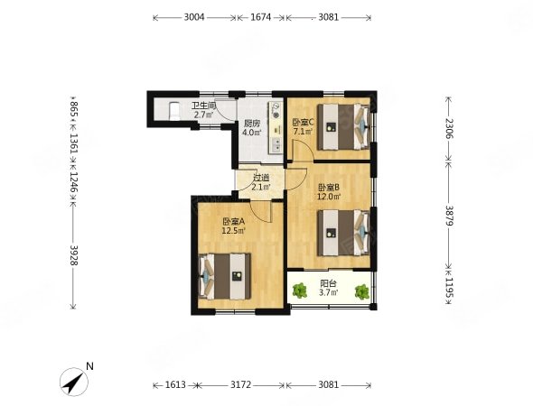 大学路小区3室0厅1卫57.39㎡南北286万