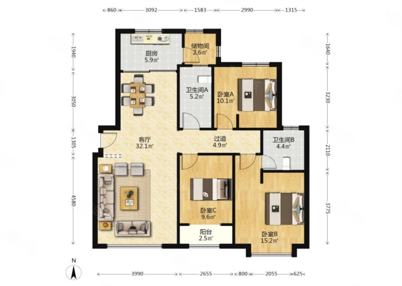 国赫天著3室2厅2卫133.56㎡南北235万