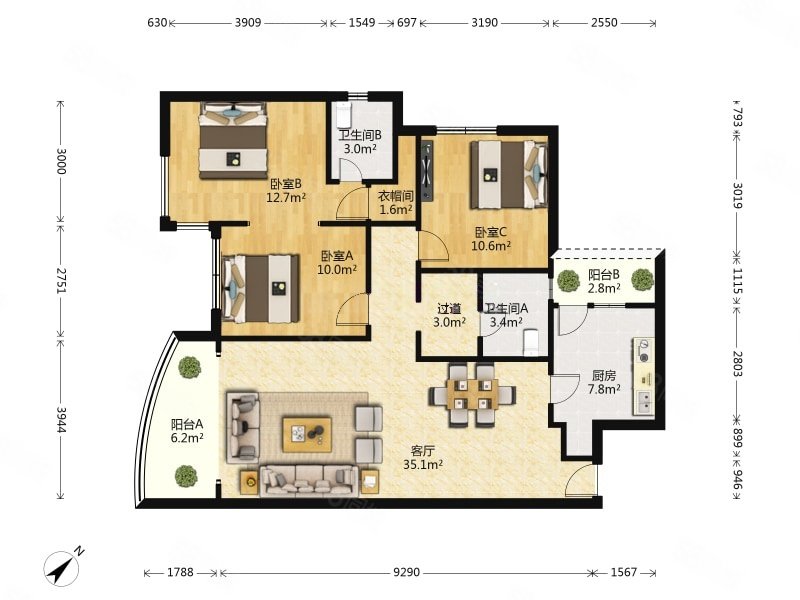 富港花园3室2厅2卫124.89㎡东南199万
