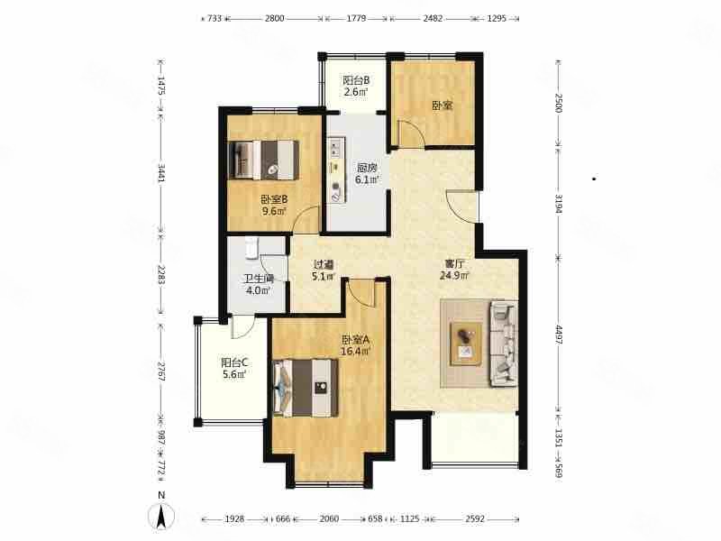 尚丰水苑3室2厅1卫104.7㎡南151万