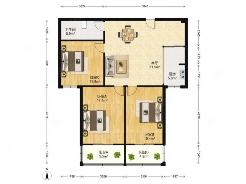 凤城明珠3室2厅1卫127㎡南110万