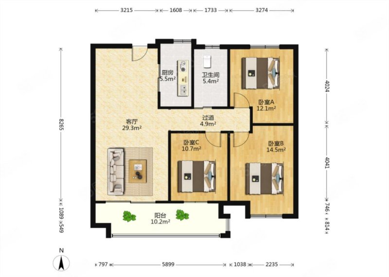 环球掌舵3室2厅1卫117㎡南北128万