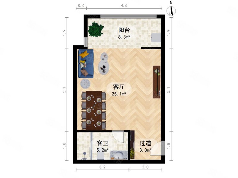 中湾国际1室1厅1卫65.81㎡北520万