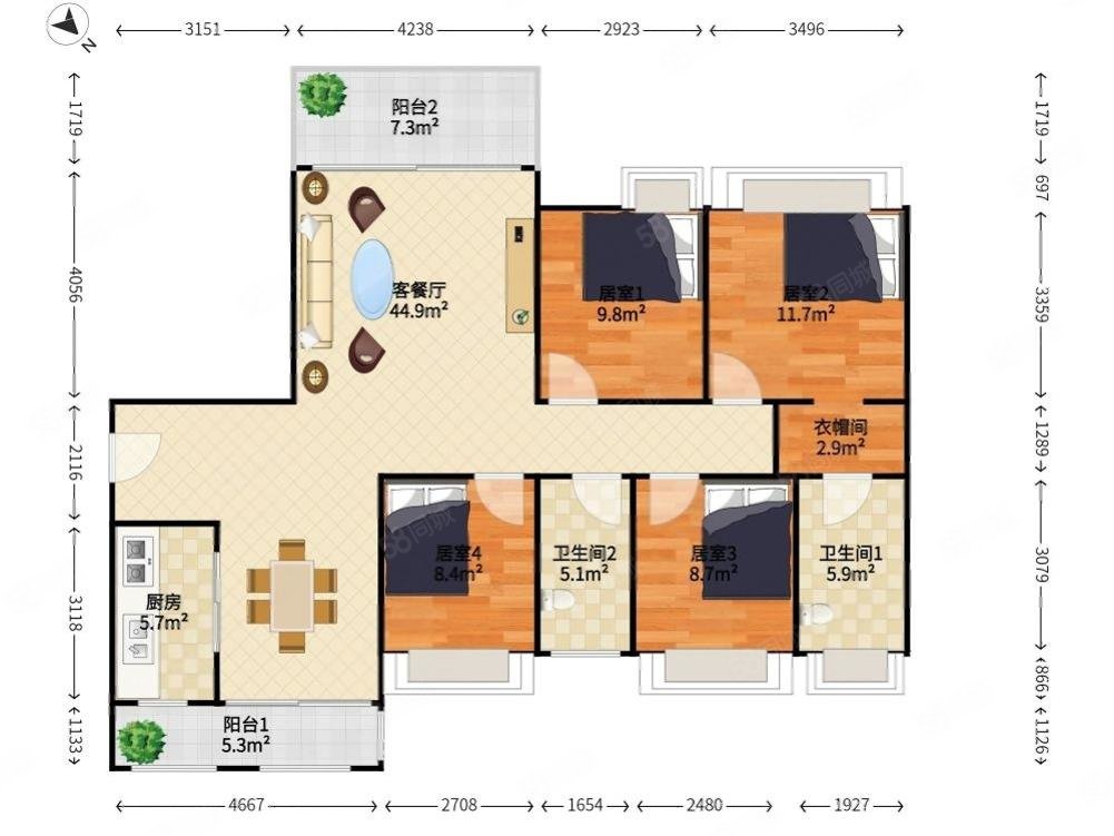 中洲华府(二期)4室2厅2卫159.03㎡西南0万