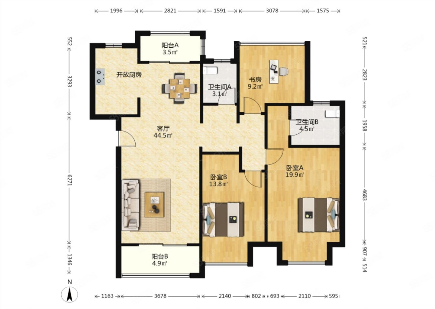 招商小石城梧桐园3室2厅2卫130.6㎡南北220万