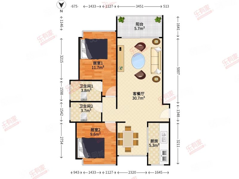 光明1号2室2厅2卫87.77㎡南北420万