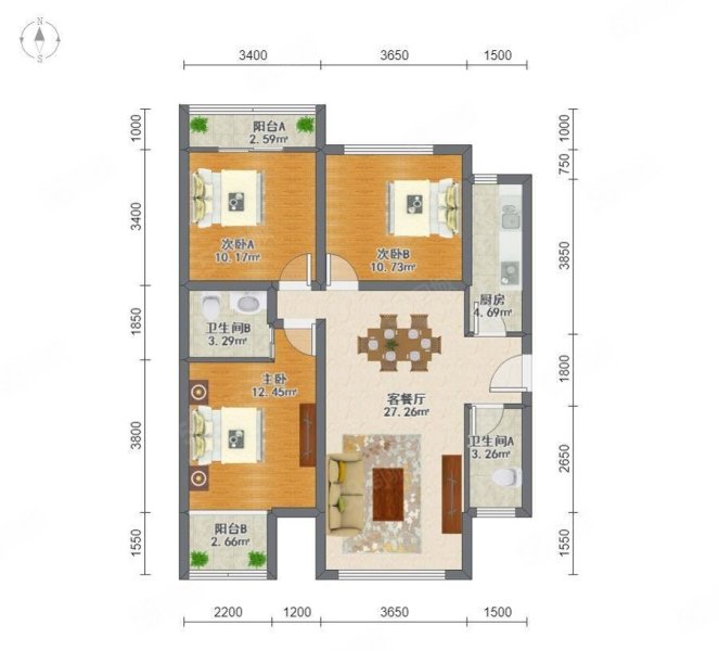 新生活家园3室2厅2卫128㎡南北165万