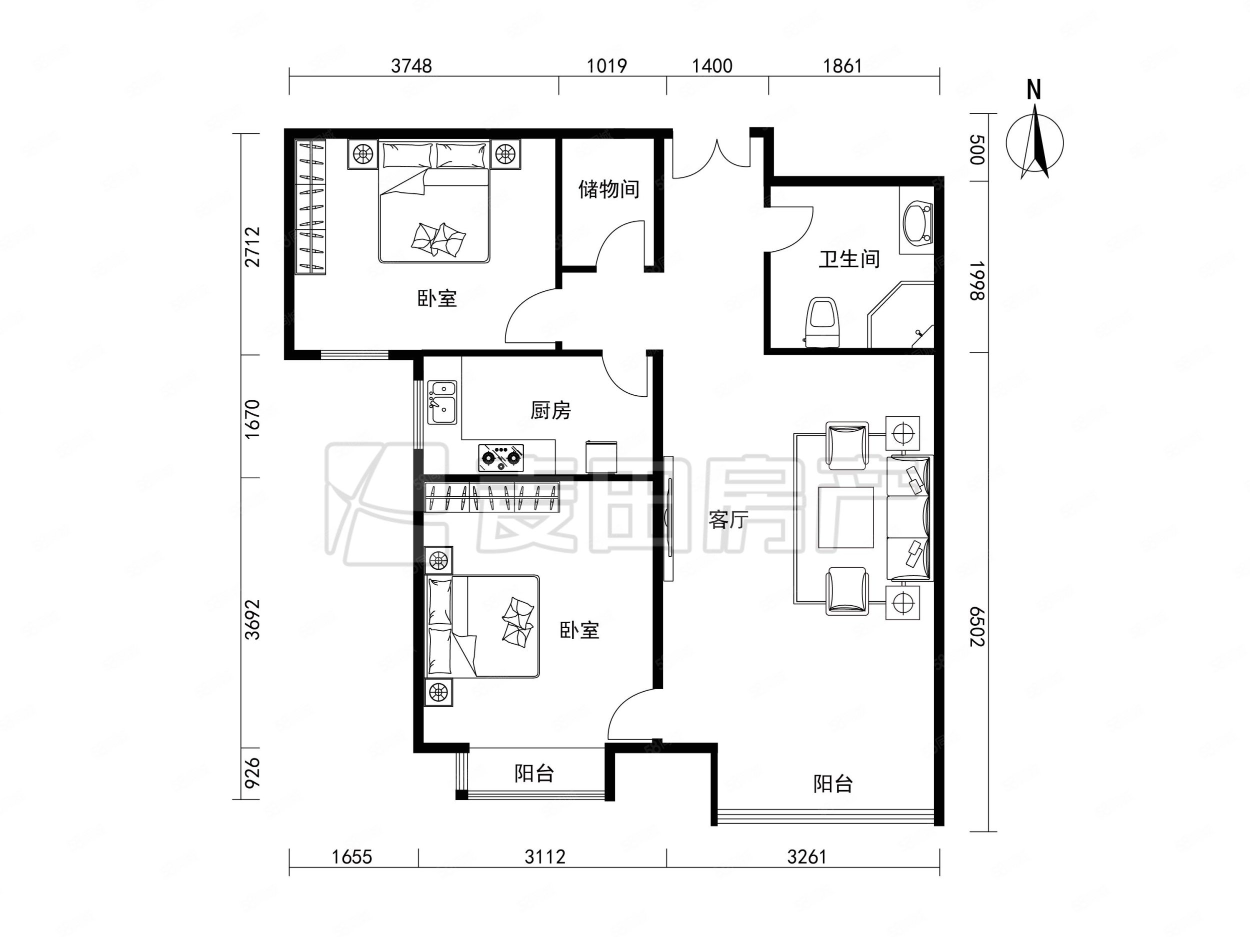 首城國際2室1廳1衛(wèi)88.57㎡南650萬