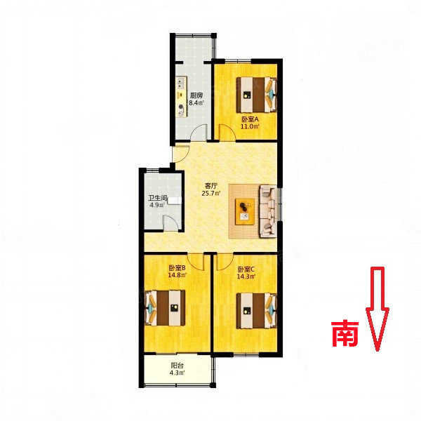 金碧花园3室1厅1卫104㎡南北224万