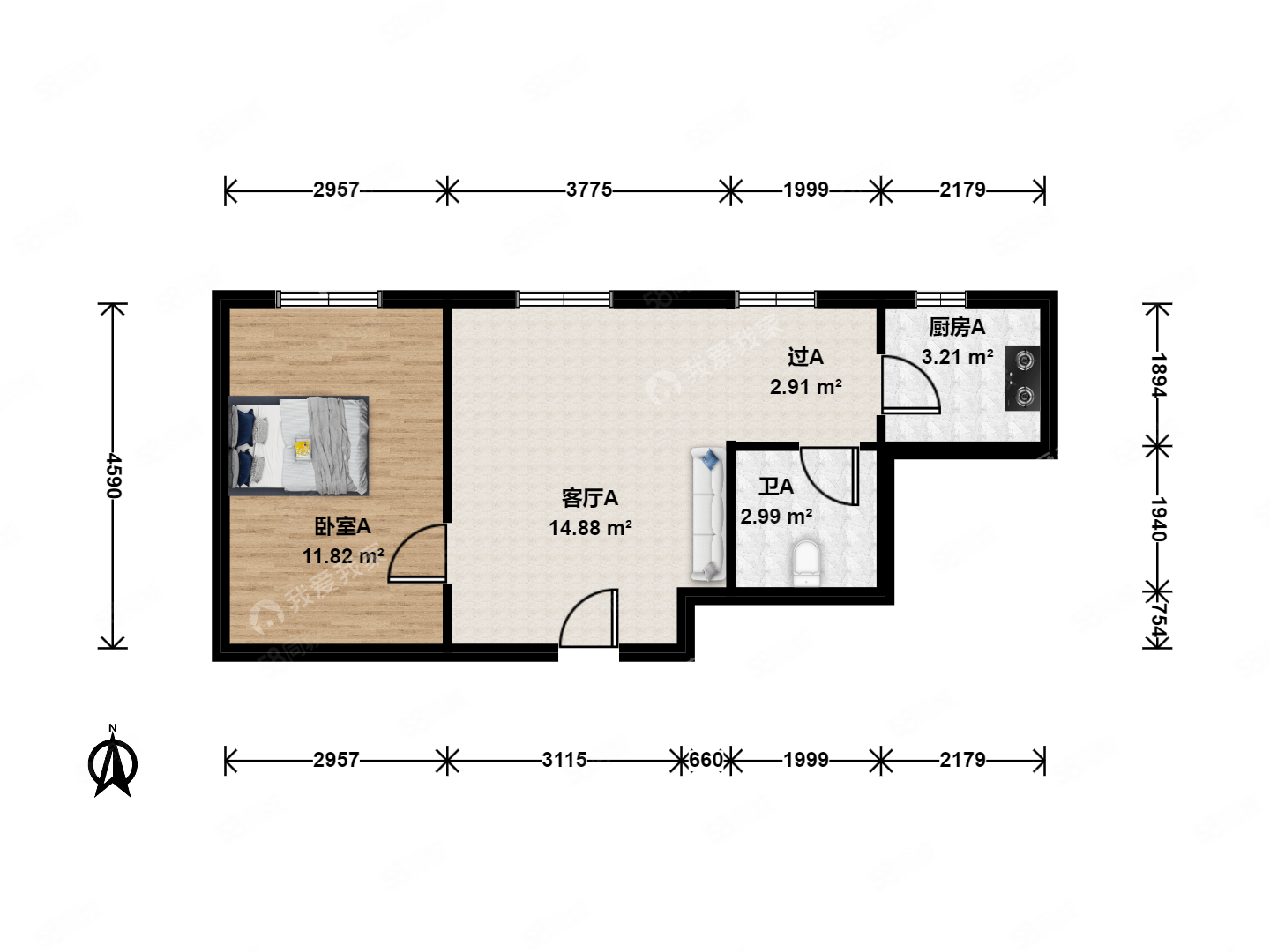 蘋果派1室1廳1衛(wèi)58.23㎡北99萬