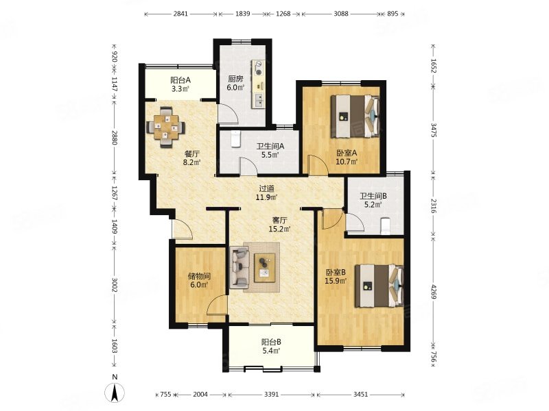 公园3000(公寓住宅)3室2厅2卫109.54㎡南北935万