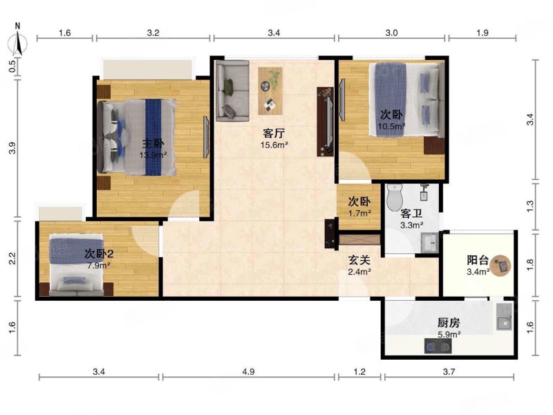 绿地468云玺五期3室2厅1卫89.6㎡西北215万