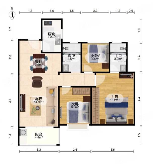 华侨城万科世纪水岸二期云峰3室2厅2卫100㎡南北168万