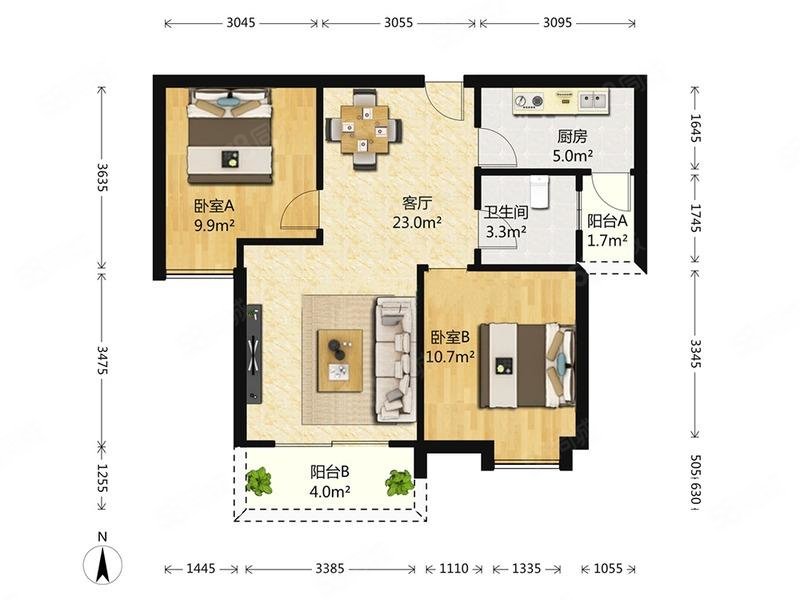 时代花园西区2室2厅1卫77.52㎡南北138万