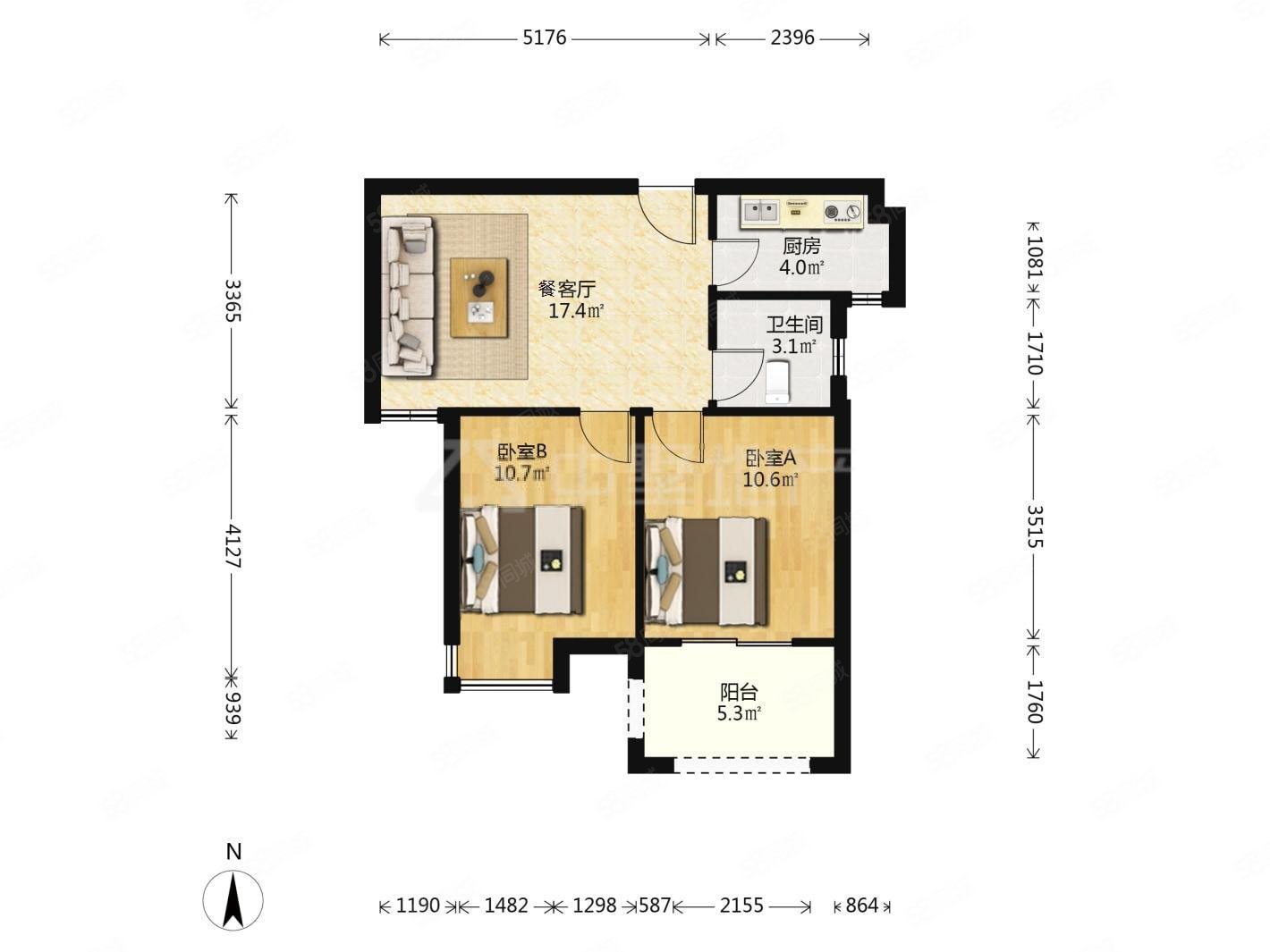 三潭音悦2室2厅1卫68㎡南北76.8万