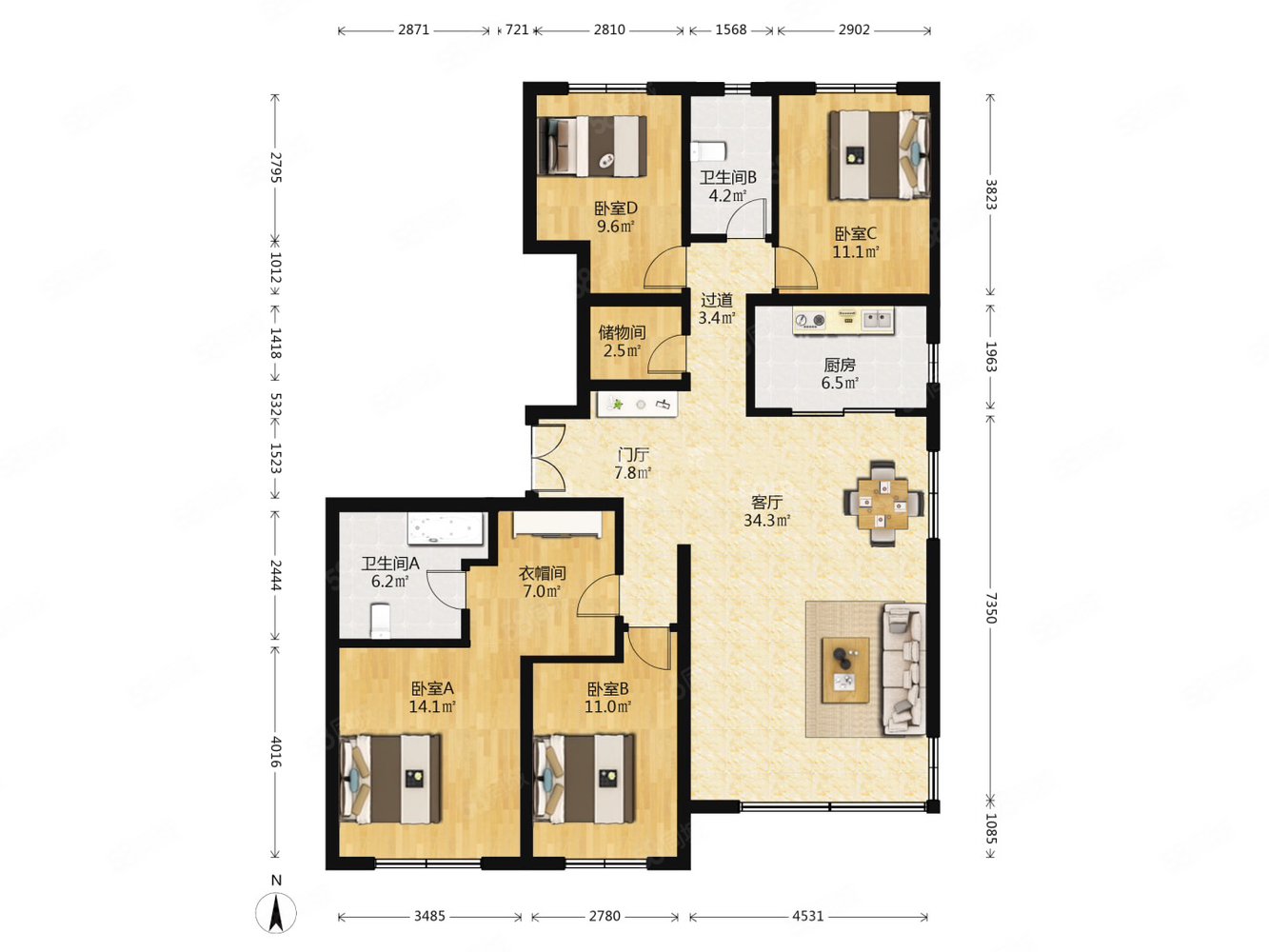 長安和璽4室2廳2衛(wèi)167.67㎡南北1250萬
