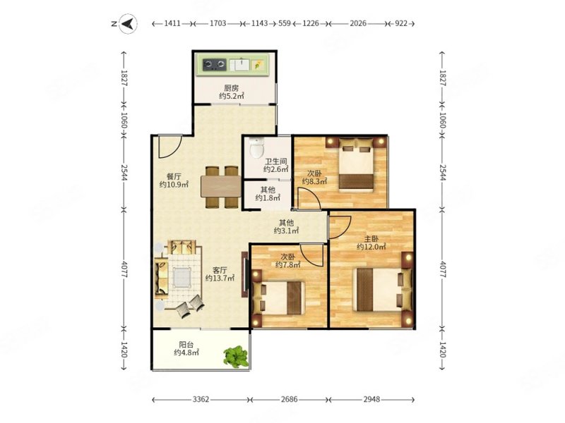 壹成中心第九区3室2厅2卫77.99㎡南北426万