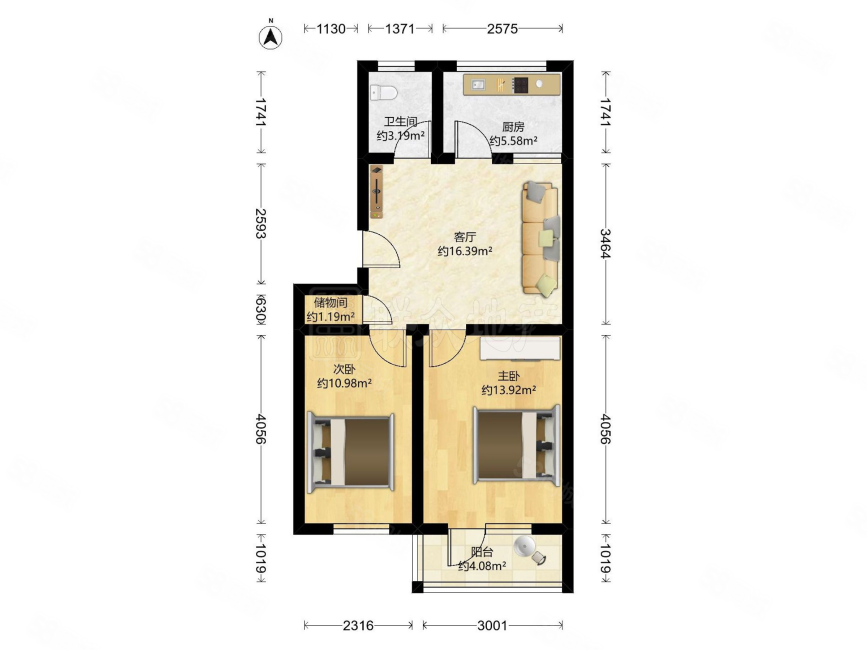 敬賢里2室1廳1衛(wèi)61.58㎡南北165萬