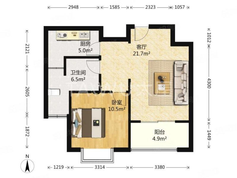 御上海1室2厅1卫62.79㎡南275万