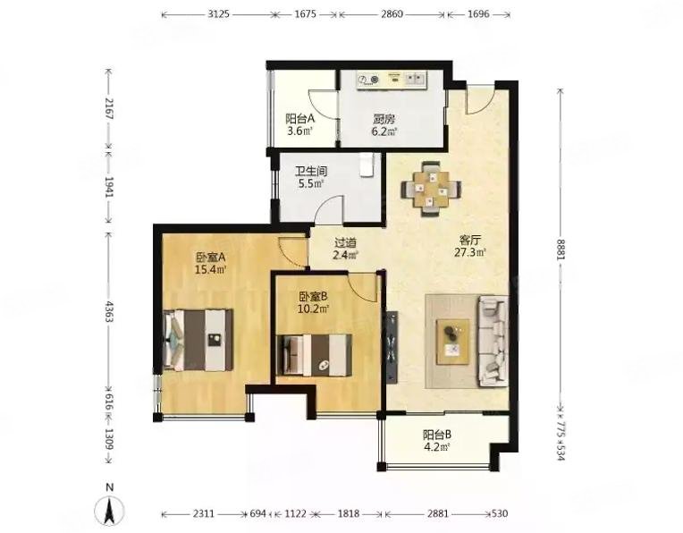 光谷新世界2室2厅1卫91㎡南北203万