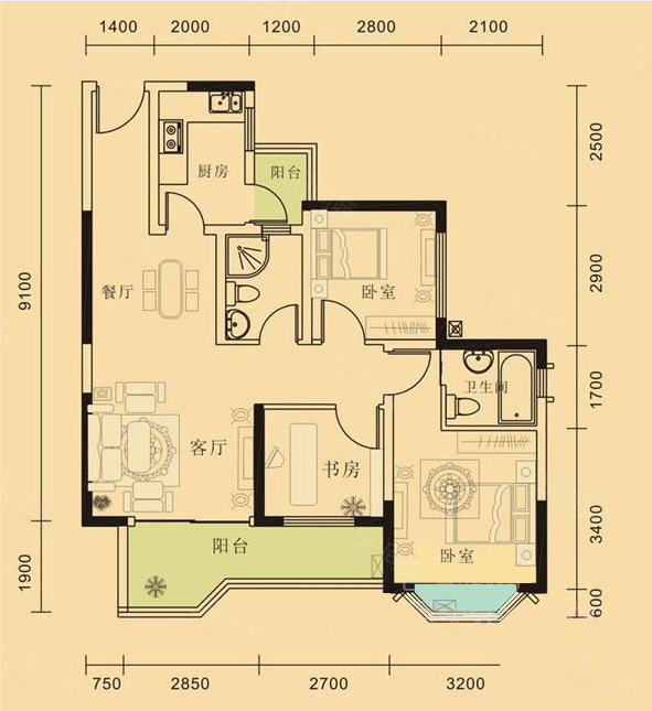 有钥匙随时看银海雅苑二期东湖珞珈毛坯3室2卫户型