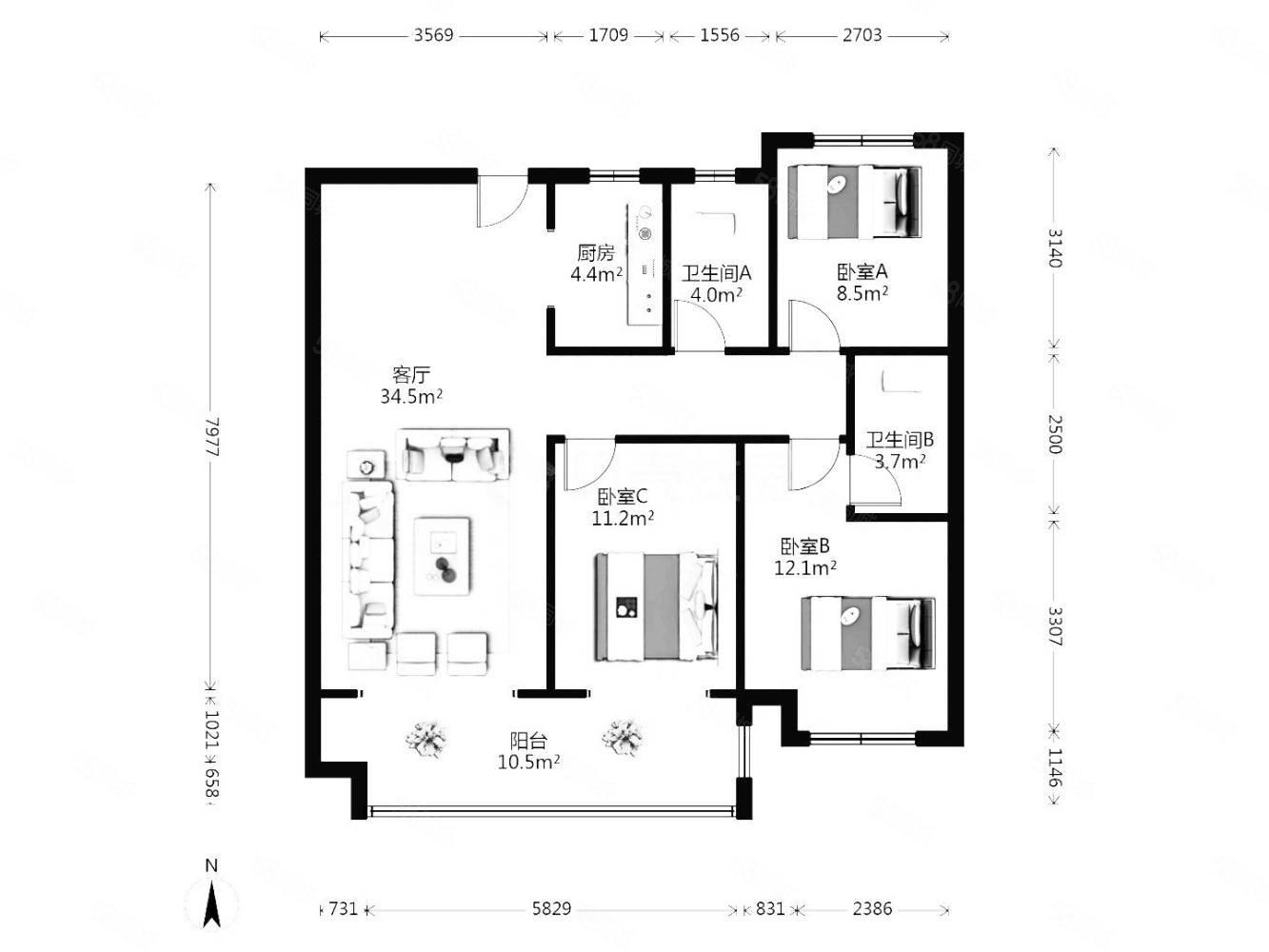 汀香郡灏园小高3室落地大阳台证过2中层采光好