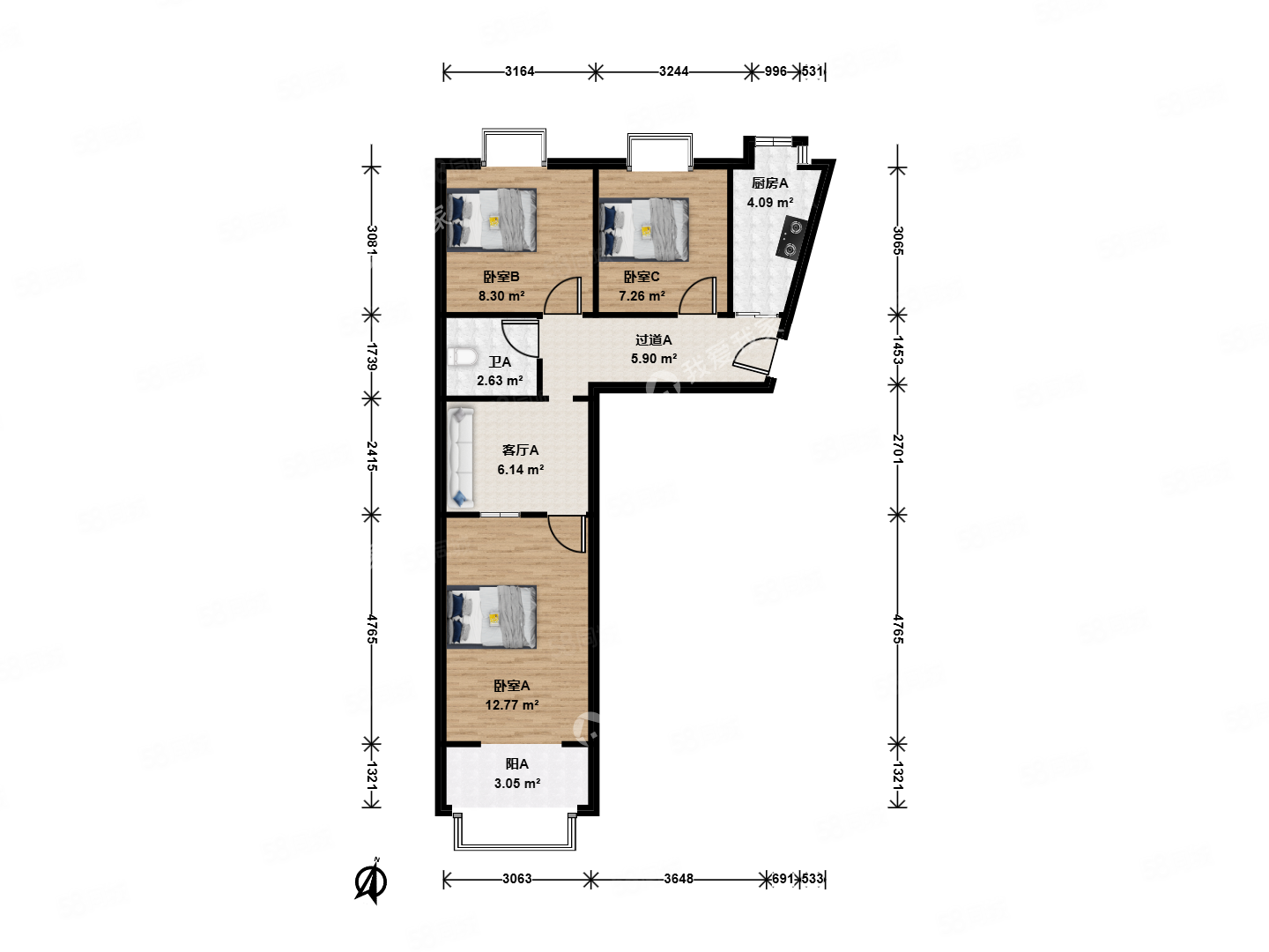 平樂園小區(qū)3室1廳1衛(wèi)72.34㎡南北398萬