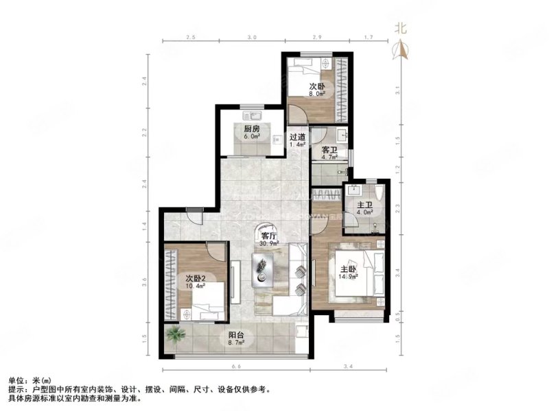 龙湖春江彼岸3室2厅1卫100.56㎡南北135万