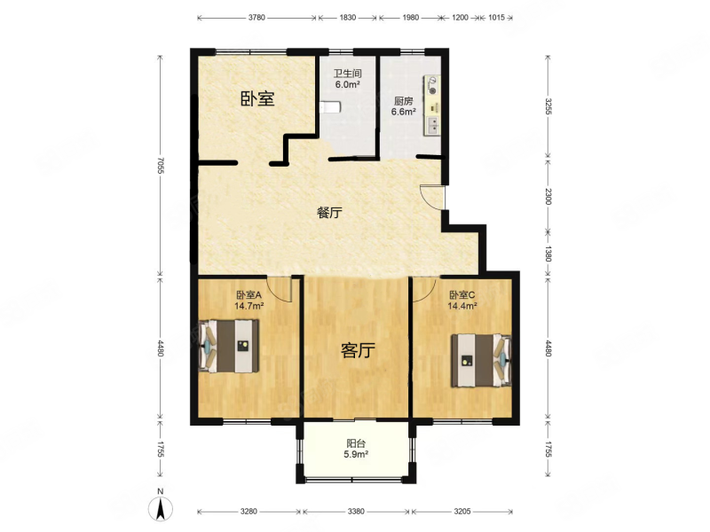 五山家园3室2厅1卫116㎡南北136.8万