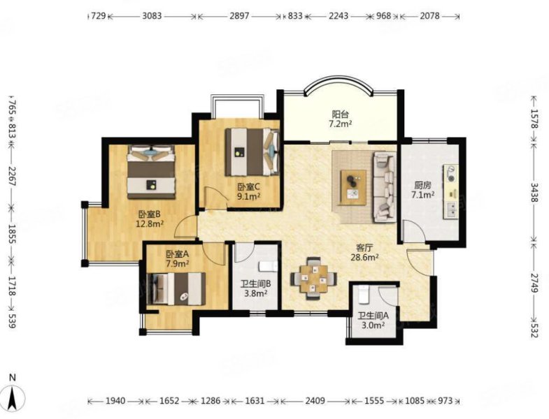 城西人家3室2厅2卫99.77㎡南125万