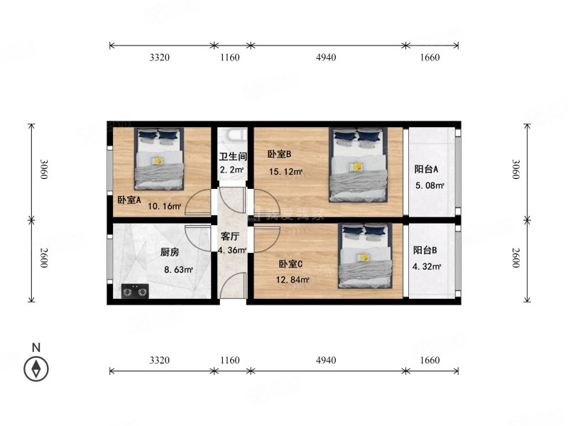 手帕口南街36号院3室1厅1卫68.34㎡东西499万