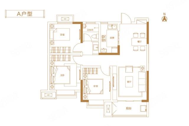 三室两厅一卫的户型设计,建筑面积