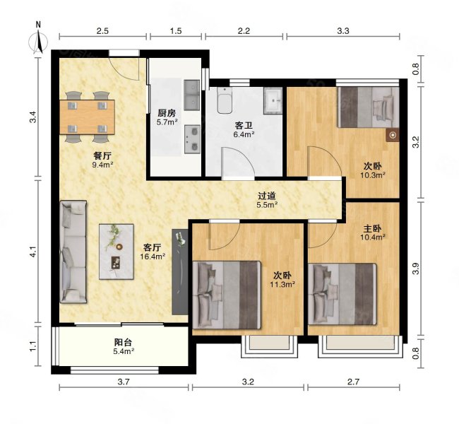 中鼎珑园3室2厅1卫94.5㎡南北105万