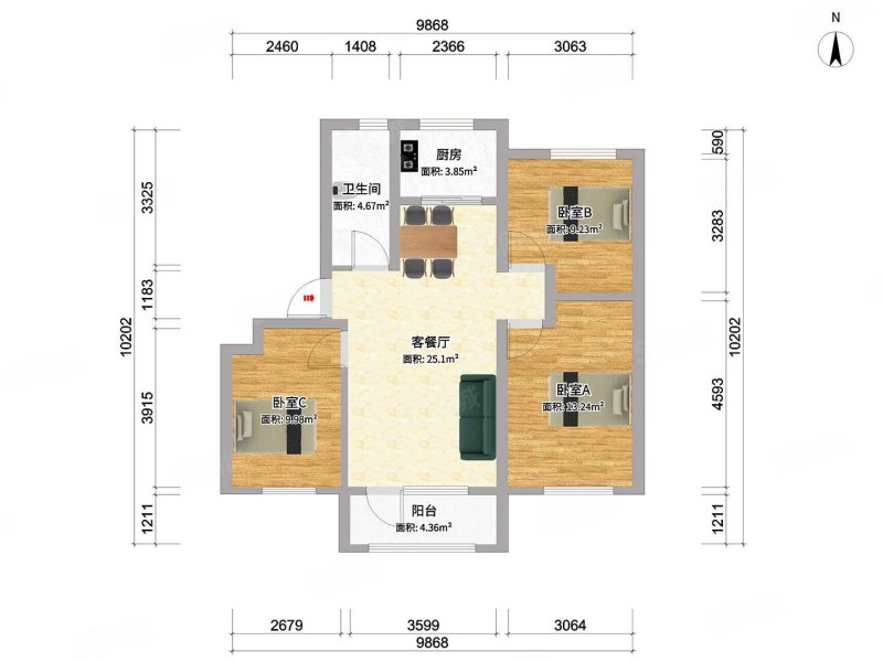 保利罗兰(A1)3室1厅1卫97.26㎡南北118万