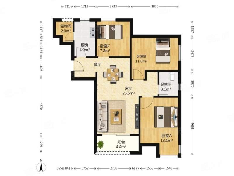 万科城紫兰苑3室2厅1卫89㎡南北110万