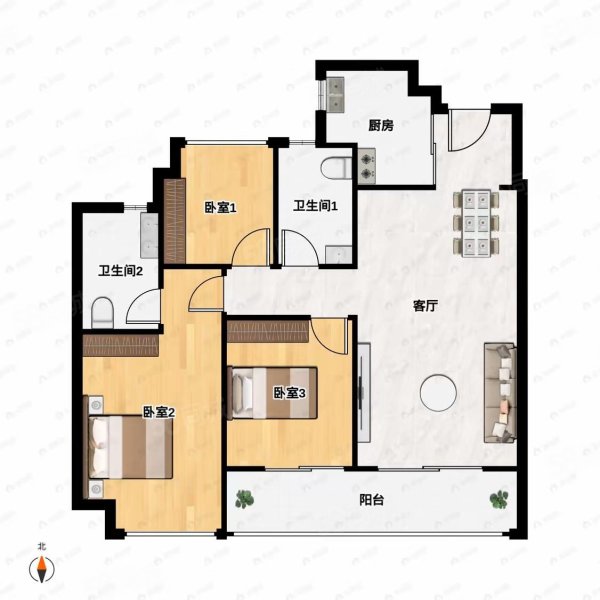 绿城诚园3室2厅1卫104.2㎡南北168万