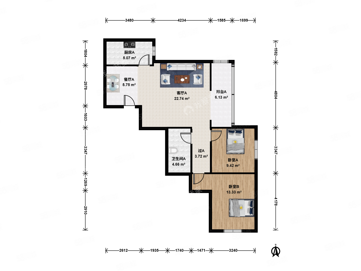 蘋果園四區(qū)2室2廳1衛(wèi)104.6㎡東南425萬