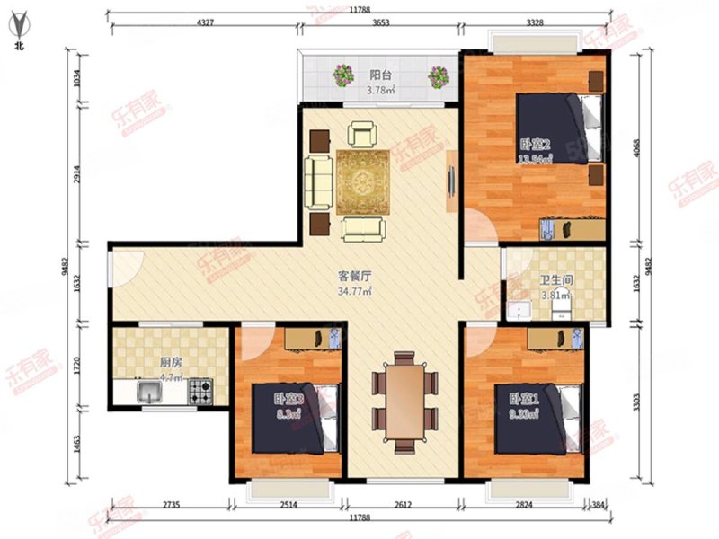 长虹百荟3室2厅1卫90.18㎡南北128万