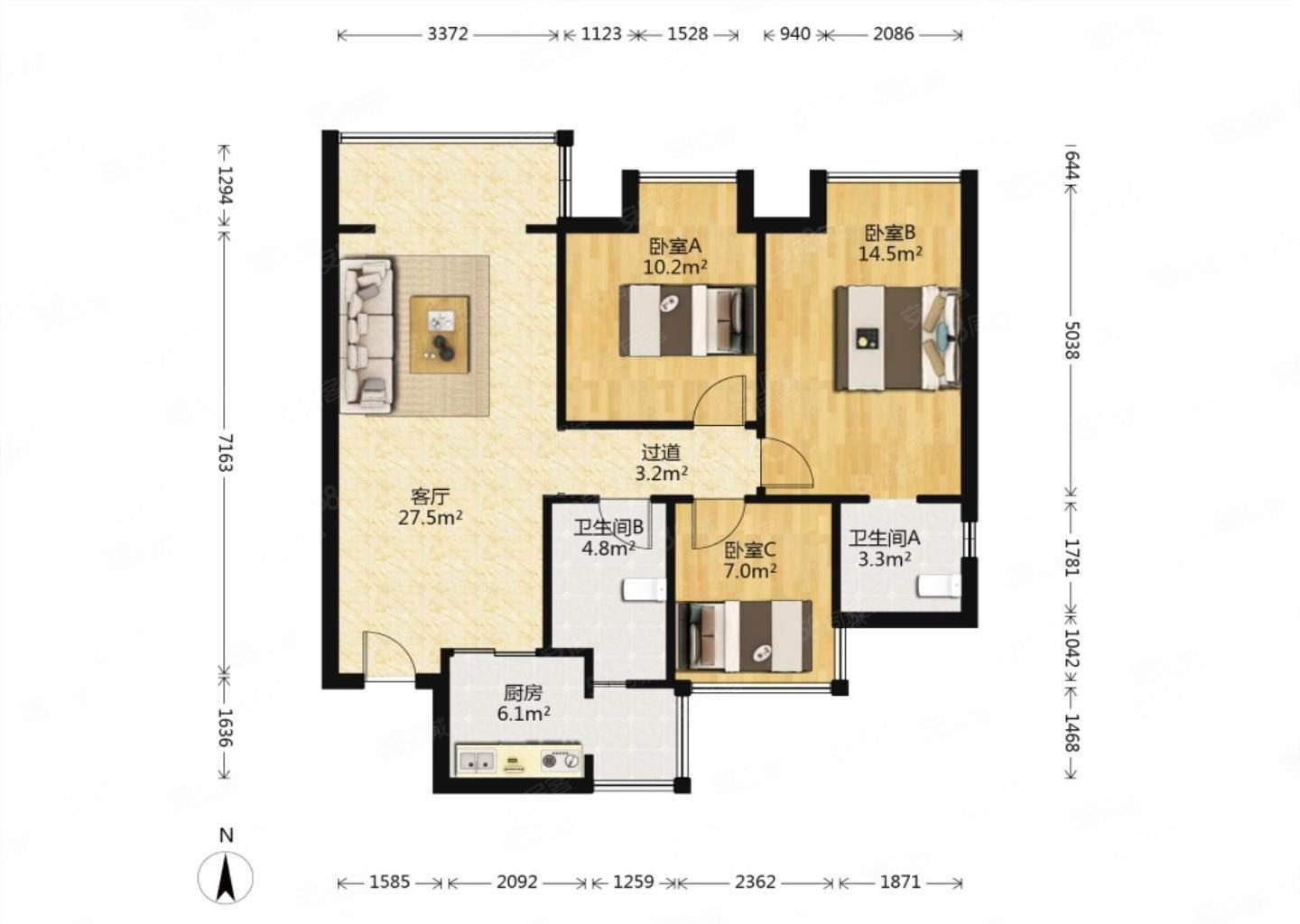 陵阳学府花园3室2厅1卫131㎡南北74.8万