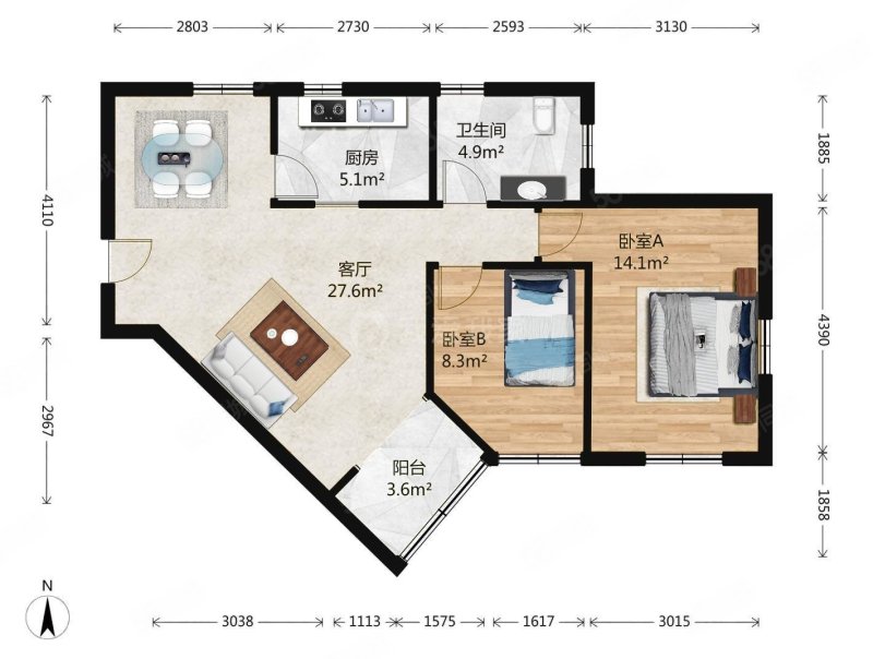 东阁雅舍2室1厅1卫91.43㎡东南309万