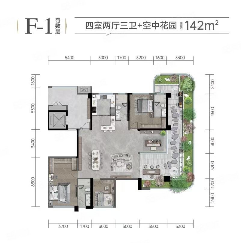 国瑞麓林府4室2厅3卫143㎡南北104万