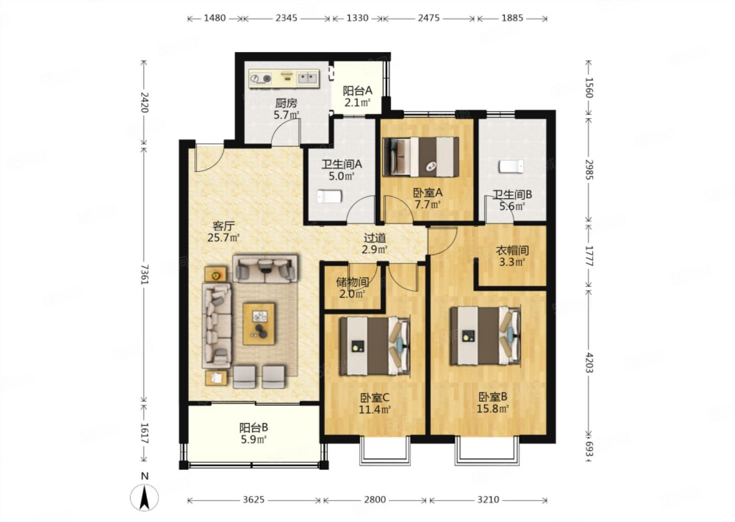 恒大翡翠华庭3室2厅2卫132.5㎡南北108万