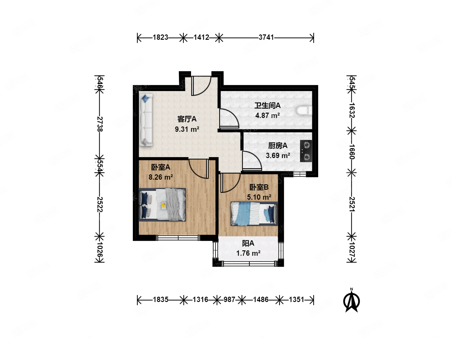 亞林西居住區(qū)2室1廳1衛(wèi)58.44㎡南330萬
